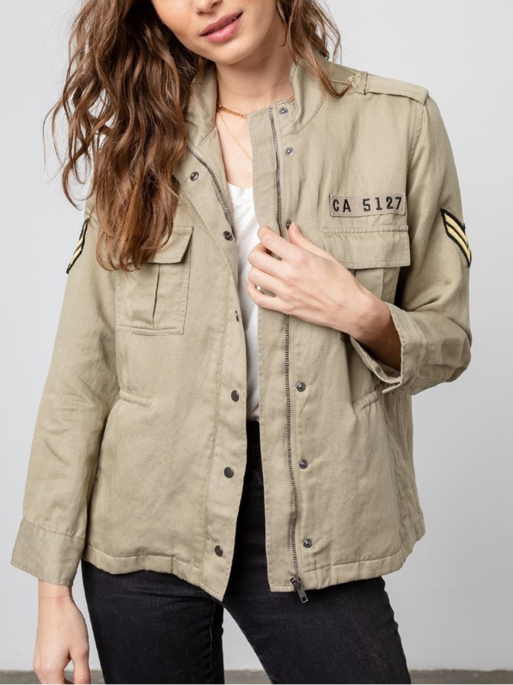 Rails Trey Light Sage Arrow Patch Military Zipper Jacket Tencel Linen Blend XS